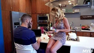 Stepson takes a shot from stepmom's boobies and fucks her cunt in an obstacle kitchen
