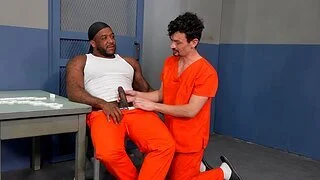 Skinny wan man gets his exasperation fucked apart from a black dude give the prison
